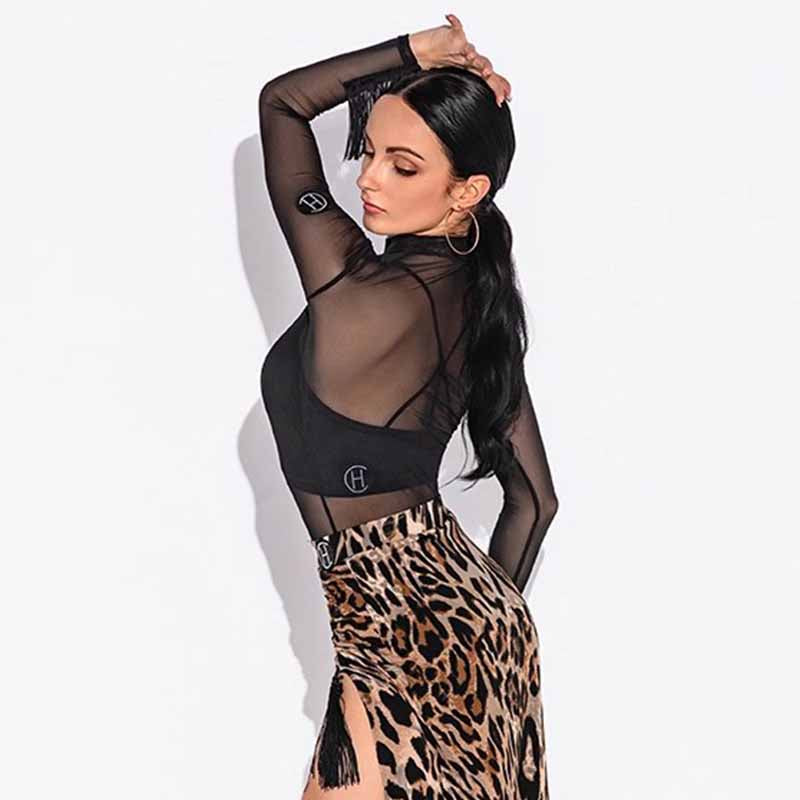 HC Women's Black Long Sleeve Mesh Latin Dance Tops Dance Wear Training Performance Tops