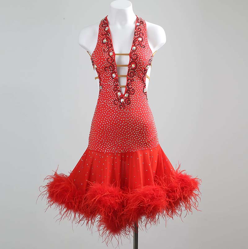 YZY Customisable-Women's Red Feather DanceWear Dance Dress Performance Wear