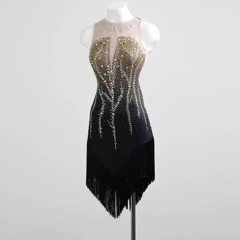 YZY Customisable-Women's Black Sleeveless Tassel DanceWear Dance Dress Performance Wear