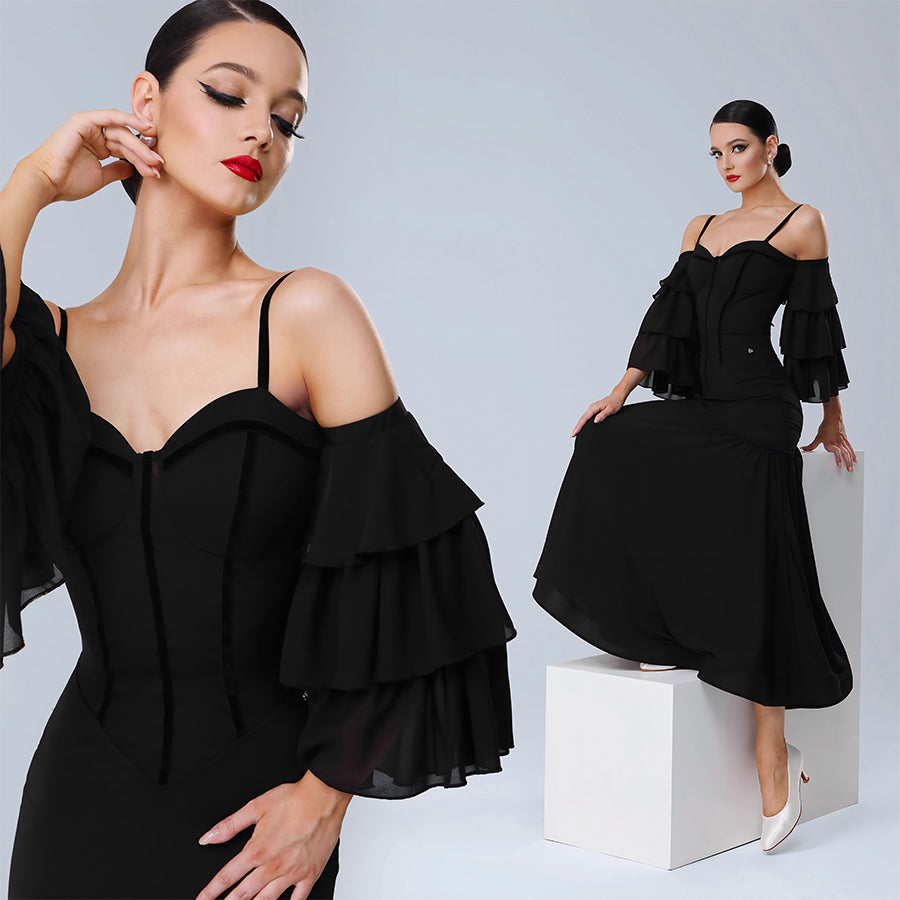 TID Customisable Women's Off Shoulder Black Dance Dresses Performance Competition Dancewear