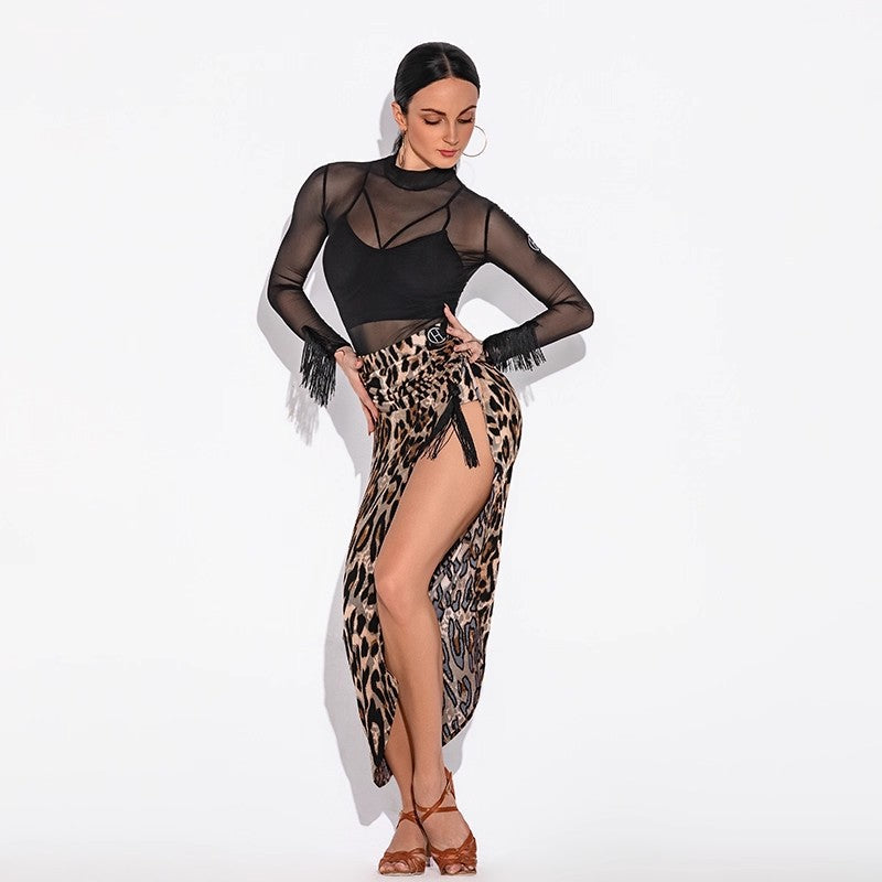 HC Women's Black Long Sleeve Mesh Latin Dance Tops Dance Wear Training Performance Tops