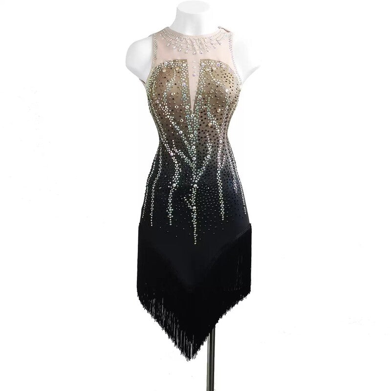 YZY Customisable-Women's Black Sleeveless Tassel DanceWear Dance Dress Performance Wear