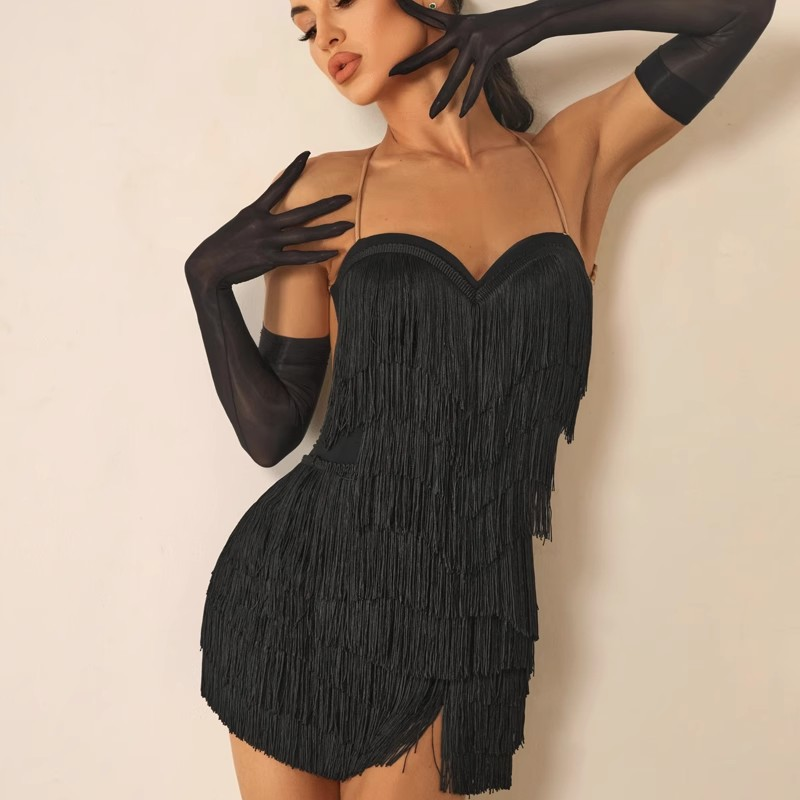 Z Women's Milk Silk Strapless Backless Tassel Dance Dress DanceWear