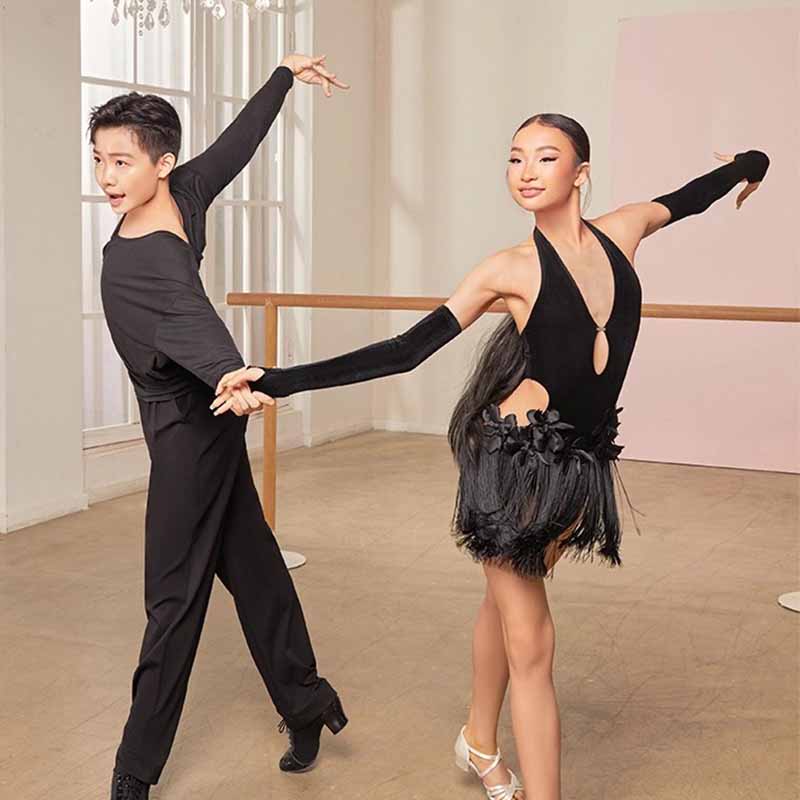 Z Girls Black Velvet Backless Latin Dance Dress Dance Wear(With Gloves)