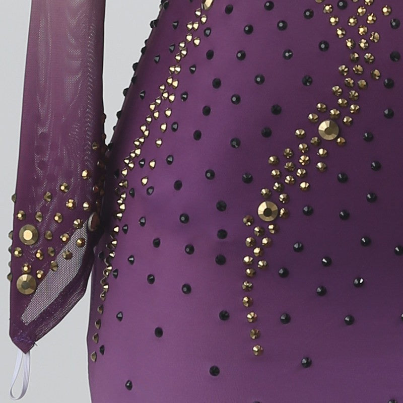 YZY Customisable-Women's Purple Long Sleeve Tassel Rhinestone DanceWear Dance Dress Performance Wear