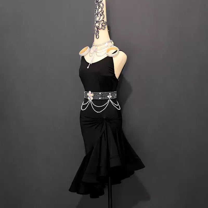 Customisable-Women's Black Tassel Latin Dance Dress Professional Dance Stage Performance Wear (With Waistband)
