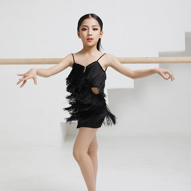 Z Girls Polyester Spaghetti Strap Tassel Latin Dance Dress Dance Wear