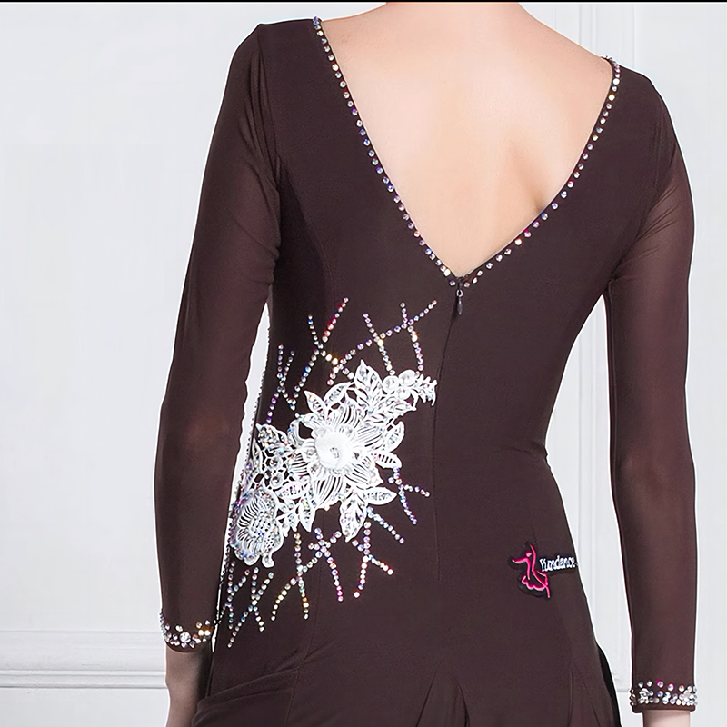 YUN Customisable-Women's Long Sleeve Applique with Diamonds Waltz Modern Ballroom Dance Dress