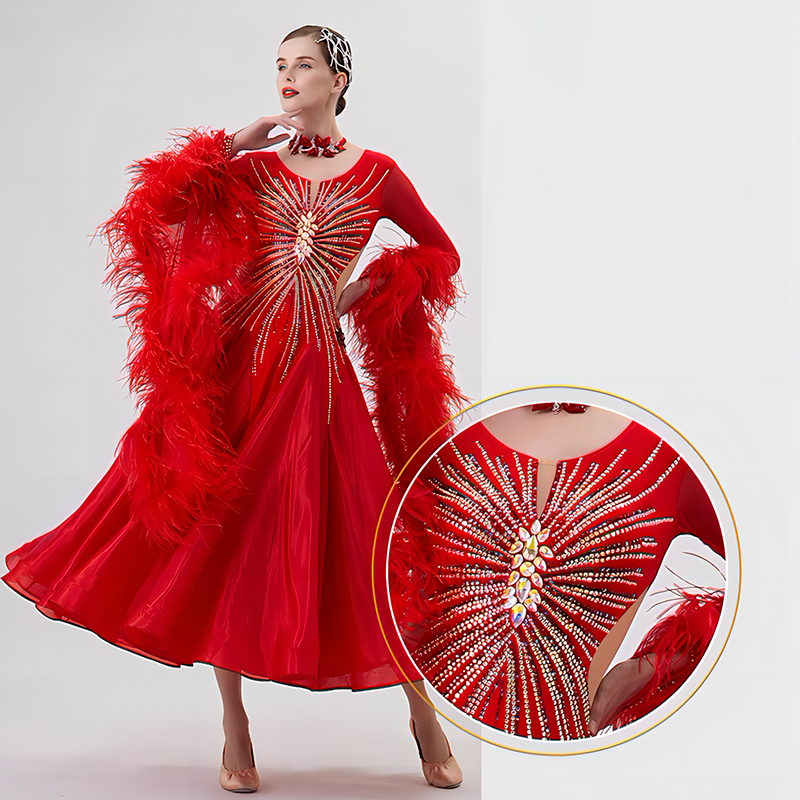 YUN Customisable-Women's Long Sleeve Mesh Round Neck Diamonds Dress For Ballroom Dancing Smooth Dress