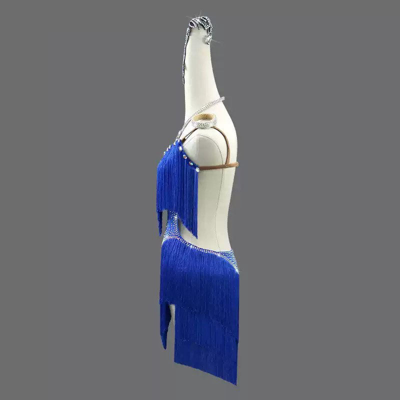 Customisable-Women's Blue Tassel Latin Dance Dress Professional Dance Stage Performance Wear
