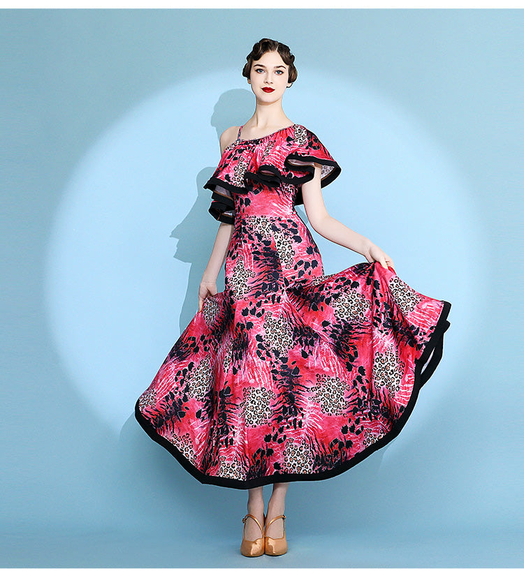 Women's Red Print Modern Dance Performance Dress Waltz Ballroom Dance Dress