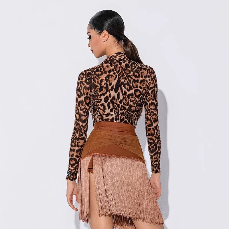 HC Women's Leopard Long Sleeve V Neck Latin Dance Tops Dance Wear Training Performance Bodysuit