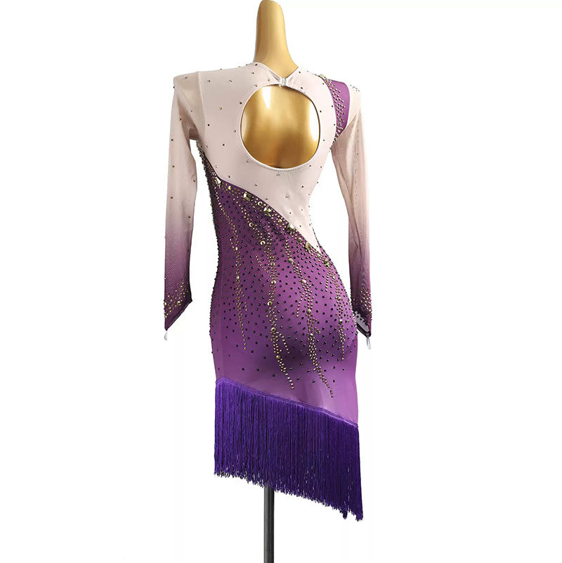 YZY Customisable-Women's Purple Long Sleeve Tassel Rhinestone DanceWear Dance Dress Performance Wear