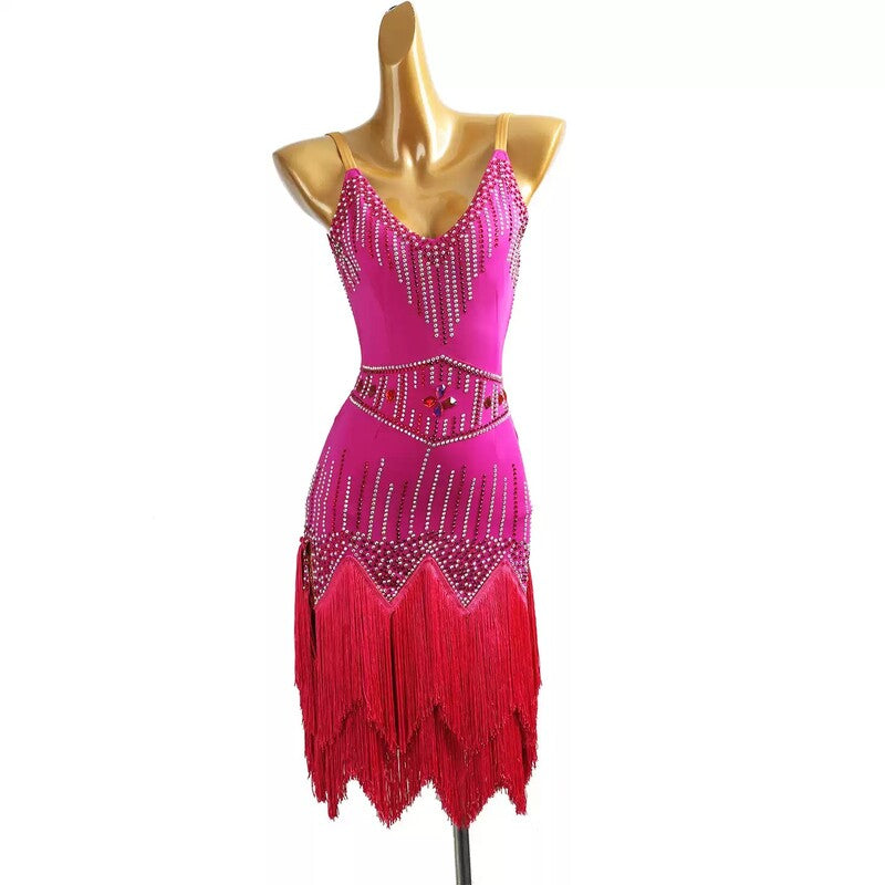 YZY Customisable-Women's Fuchsia Tassel DanceWear Dance Dress Performance Wear