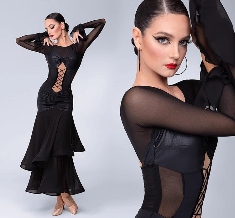 TID Customisable Women's Long Sleeve Black Dance Dresses Performance Competition Dancewear