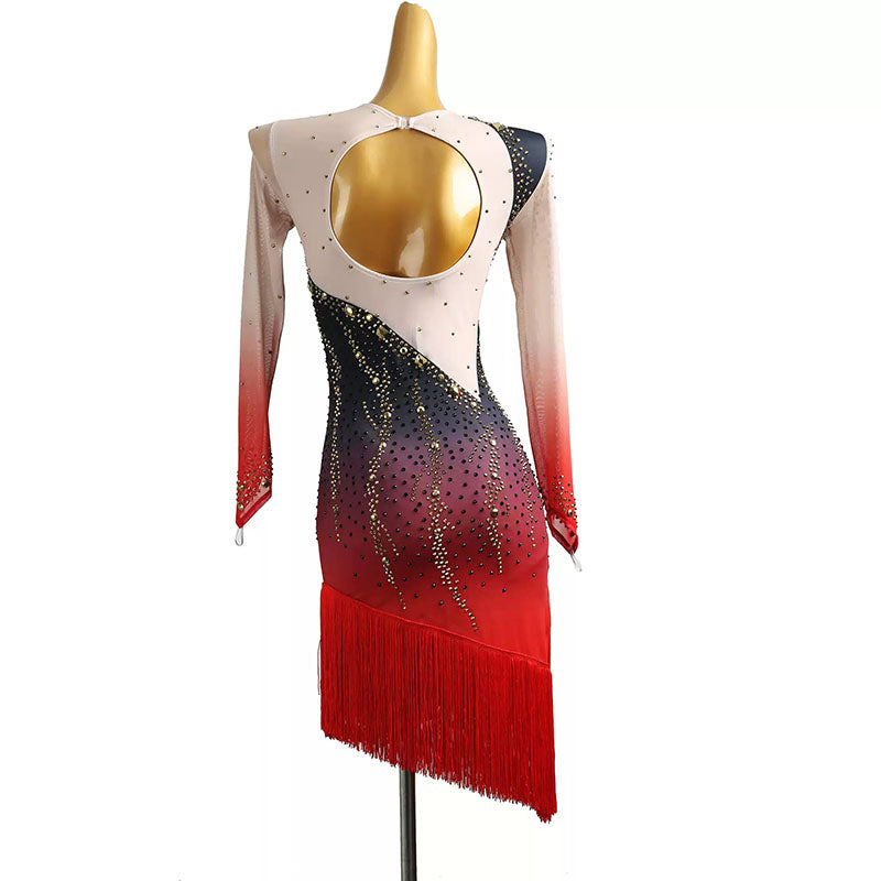 YZY Customisable-Women's Black-Red Long Sleeve Tassel Rhinestone DanceWear Dance Dress Performance Wear