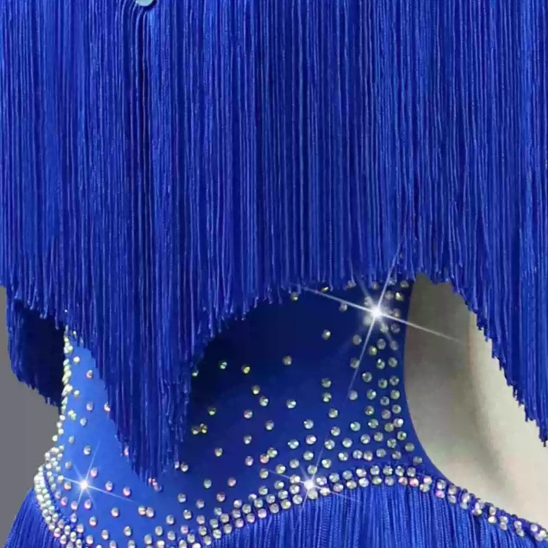 Customisable-Women's Blue Tassel Latin Dance Dress Professional Dance Stage Performance Wear