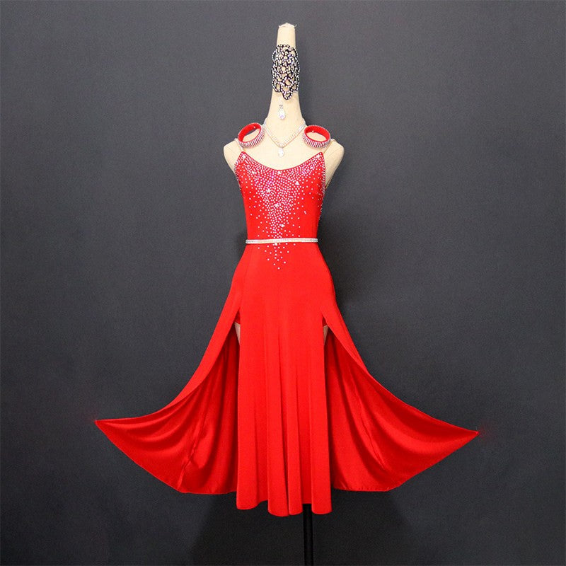 Customisable-Women's Red Latin Dance Dress Professional Dance Stage Performance Wear (With Waistband)