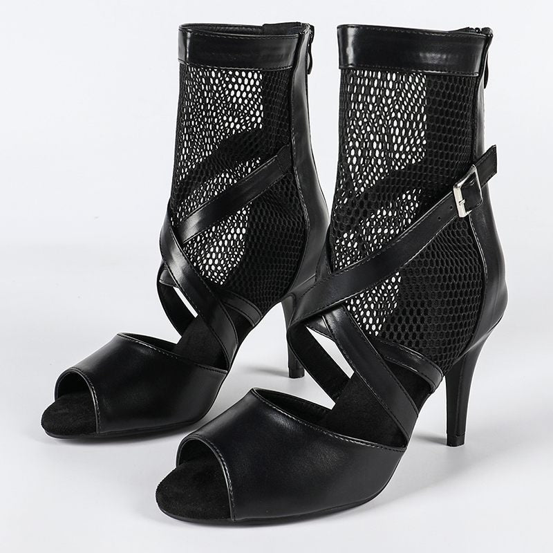 DS Women's Black Leatherette Rubber Sole Customized Heel Heels Dancer Boots Jazz Salsa Dancing Shoes