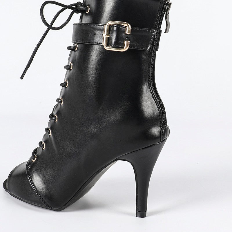 DS Women's Black 7.5cm/10cm Heel Rubber Sole Leatherette Jazz Shoes Open Toe Dance Heels Boots