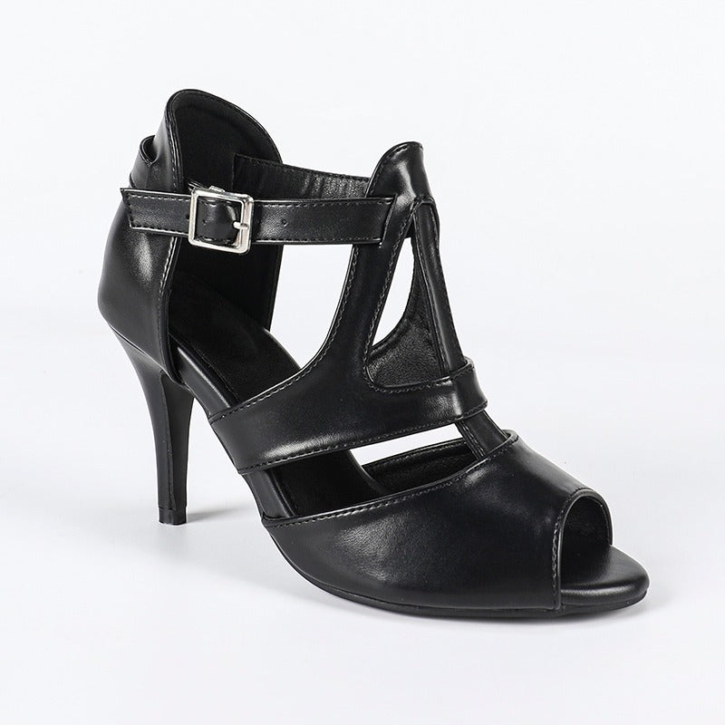 DS Women's Black Leatherette Rubber Sole Customized Heel Buckle Salsa Dance Heels Dance Boots Dance Shoes