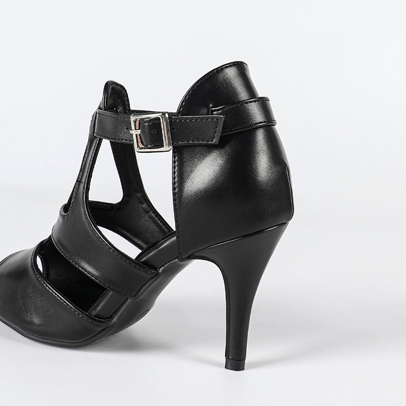 DS Women's Black Leatherette Rubber Sole Customized Heel Buckle Salsa Dance Heels Dance Boots Dance Shoes