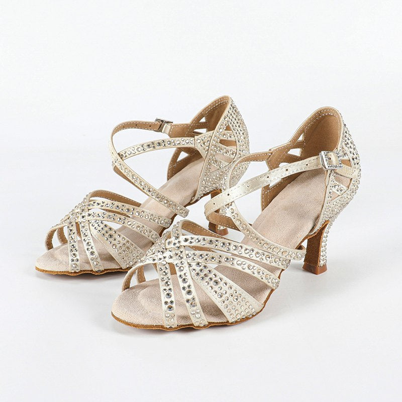 DS Women's Beige Customized Heel Open Toe Strappy Dance Shoes With Crystals