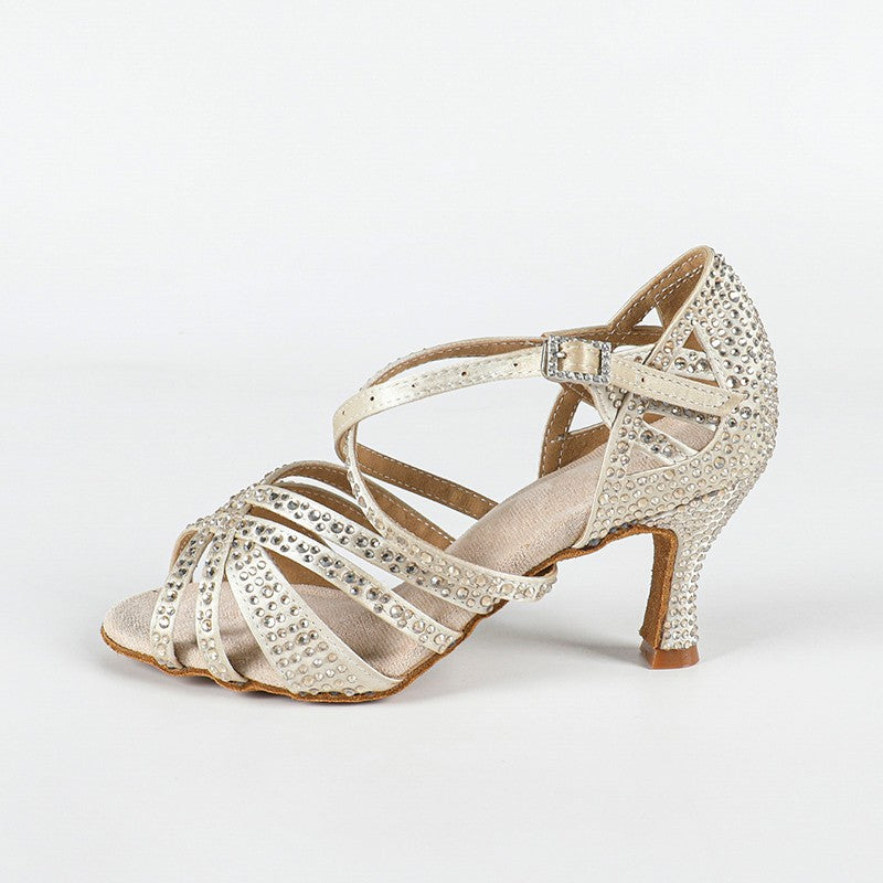 DS Women's Beige Customized Heel Open Toe Strappy Dance Shoes With Crystals