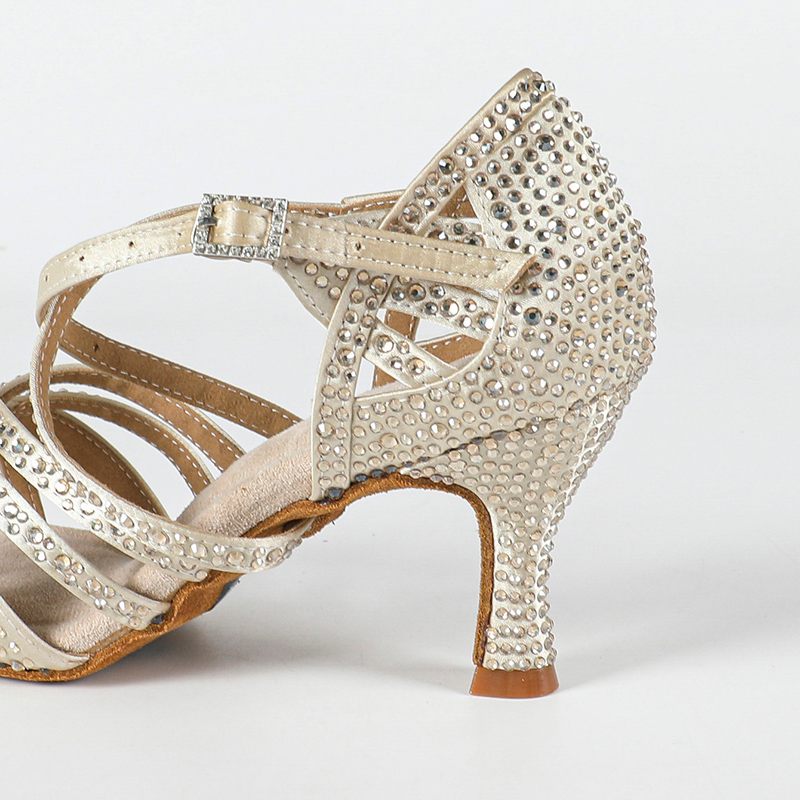 DS Women's Beige Customized Heel Open Toe Strappy Dance Shoes With Crystals