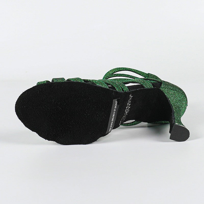 Women's Green Gliiter Customized Heels Dance Boots Jazz Salsa Dancing Shoes