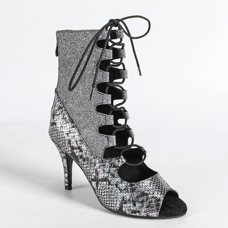 DS Women's Black Sparking Glitter Customized Heel Dance Boots Salsa Jazz Dance Shoes