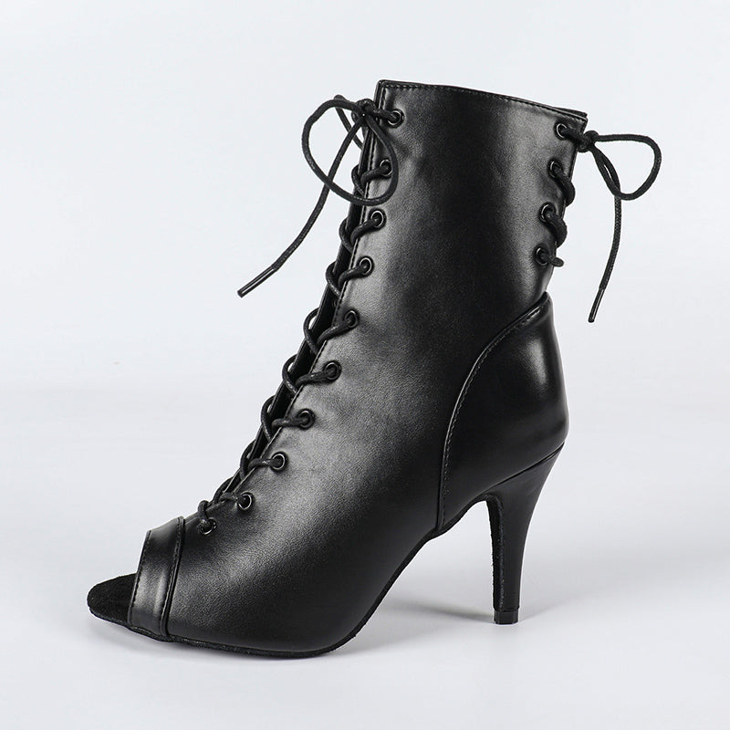 DS Women's Black Suede Sole Customized Heel Jazz Shoes Lace-up Dance Heels Boots