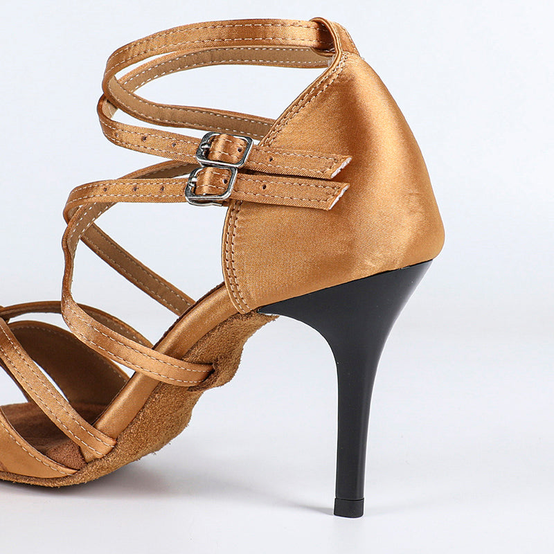 DS Women's Brown Satin Customized Heel Ballroom Dance Shoes Latin Shoes