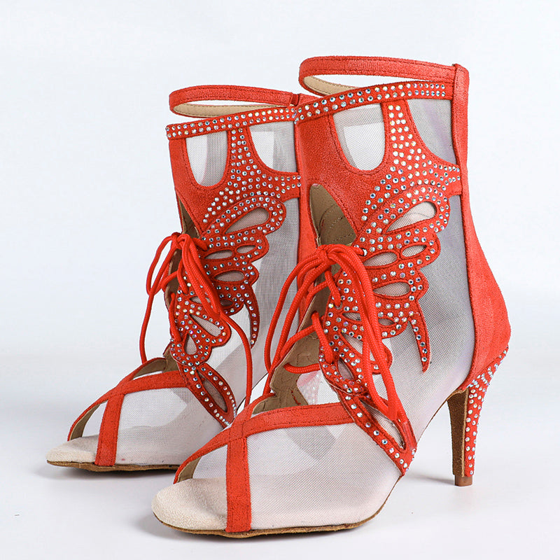 DS Women's Satin Mesh Customized Dance Heels Boots Salsa Jazz Dance Shoes