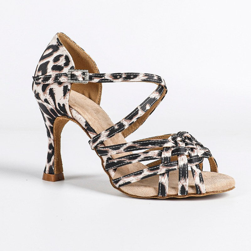 DS Women's Leopard Print Silk Satin Customized Heel Latin Dances Shoes