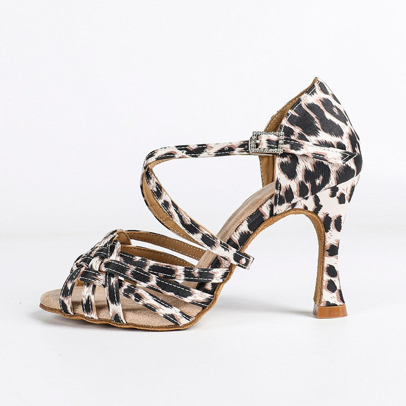 DS Women's Leopard Print Silk Satin Customized Heel Latin Dances Shoes