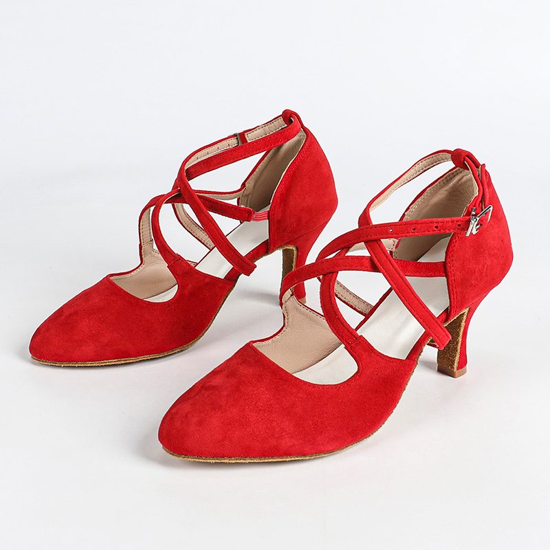 DS Women's Red Velvet Pointed Toe Customized Heel Closed Toe Dance Shoes