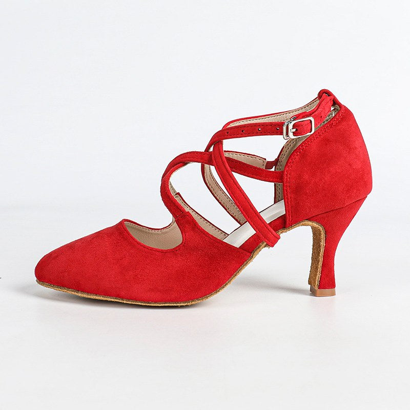 DS Women's Red Velvet Pointed Toe Customized Heel Closed Toe Dance Shoes