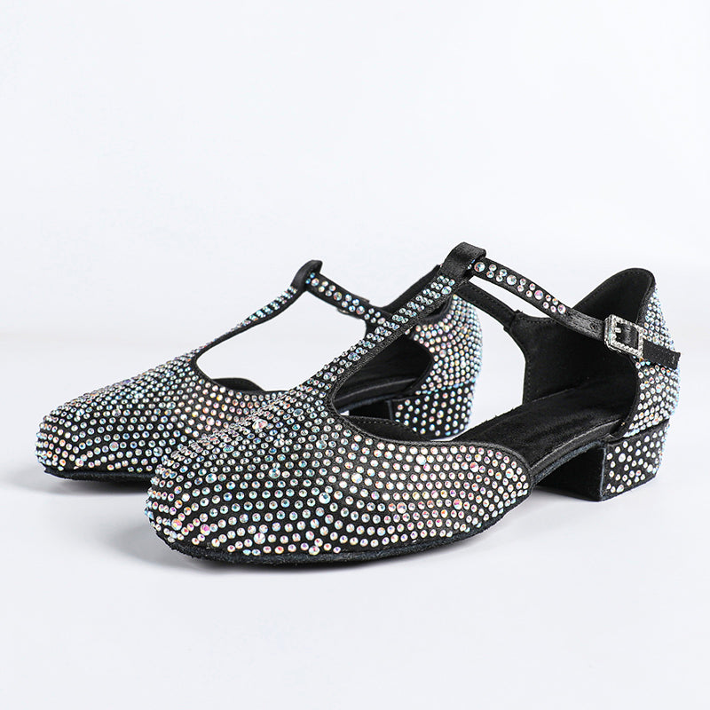 DS Women's T-strap Satin Black Customized Heels Ballroom Dance Shoes Swing Dance Shoes