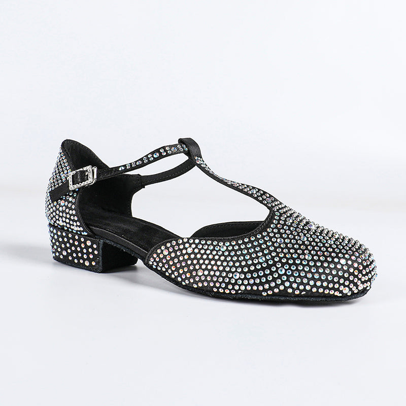 DS Women's T-strap Satin Black Customized Heels Ballroom Dance Shoes Swing Dance Shoes