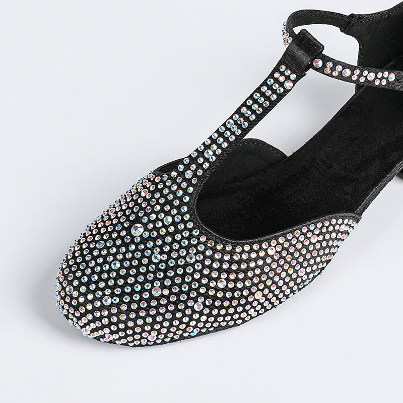 DS Women's T-strap Satin Black Customized Heels Ballroom Dance Shoes Swing Dance Shoes