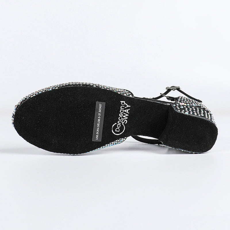 DS Women's T-strap Satin Black Customized Heels Ballroom Dance Shoes Swing Dance Shoes