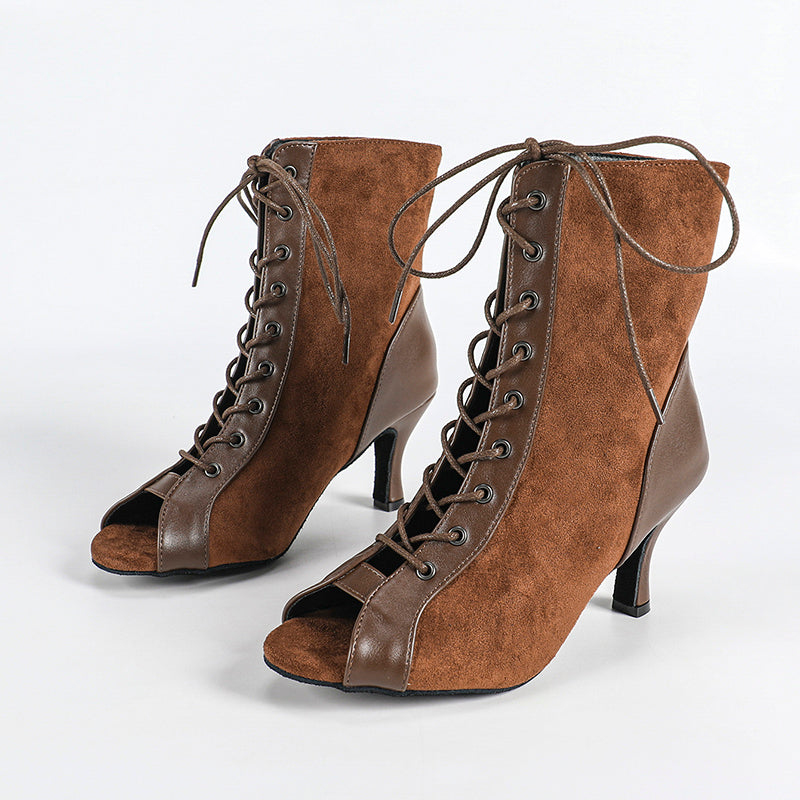 DS Women's Coffe Suede Customized Heel Dance Boots Jazz Salsa Dance Shoes