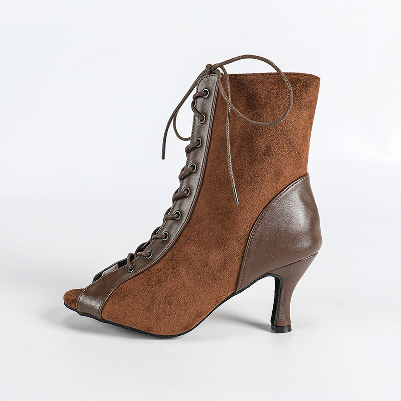 DS Women's Coffe Suede Customized Heel Dance Boots Jazz Salsa Dance Shoes