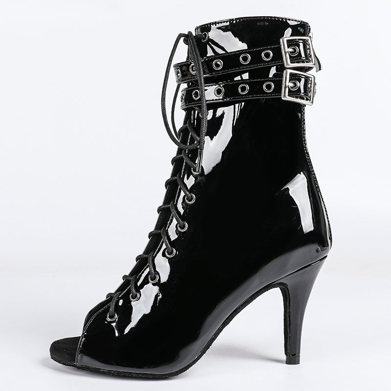 DS Women's Black Leatherette Customized Dance Heels Boots Salsa Jazz Dance Shoes