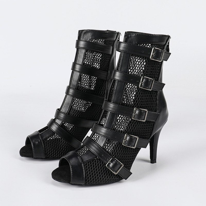DS Women's Black Leatherette Customized Open Toe Heels Dance Boots Jazz Salsa Dancing Shoes