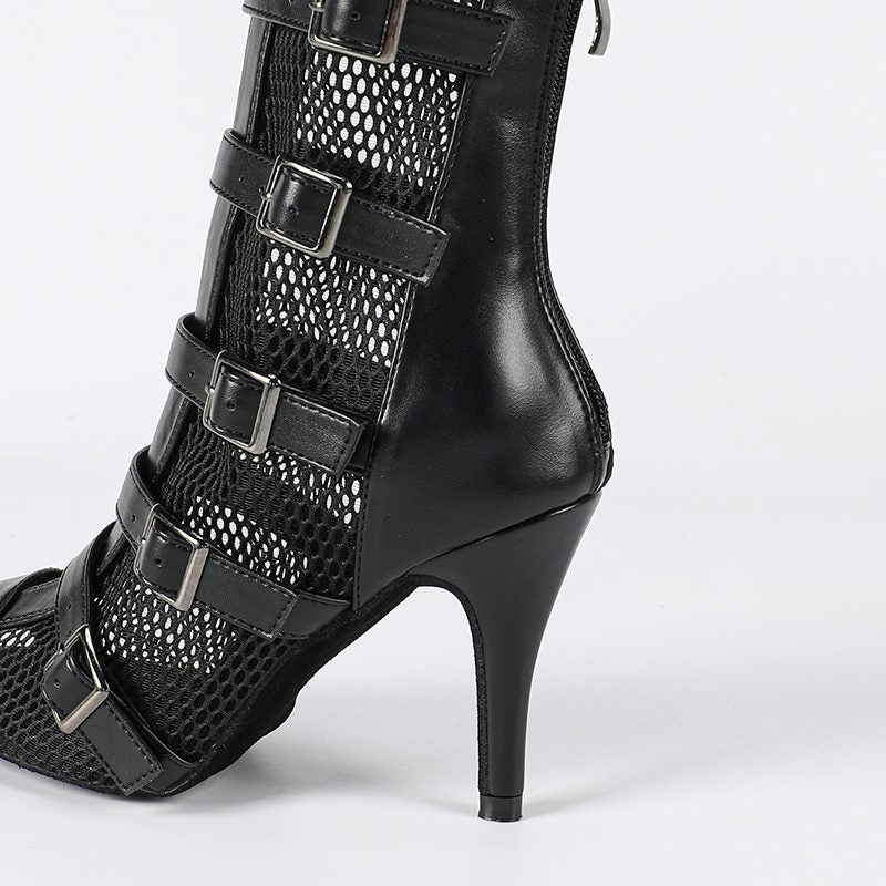 DS Women's Black Leatherette Customized Open Toe Heels Dance Boots Jazz Salsa Dancing Shoes