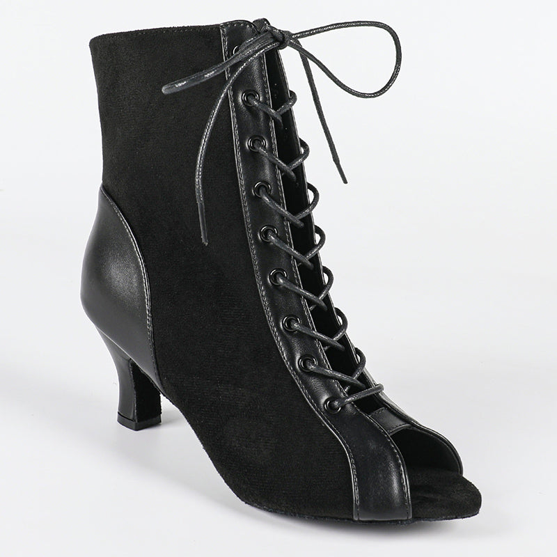 DS Women's Black Real Leather Customized Heel Dance Boots Jazz Salsa Dance Shoes