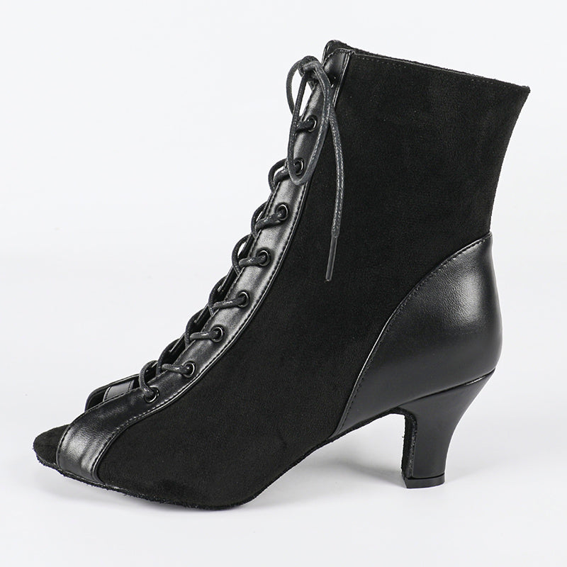 DS Women's Black Real Leather Customized Heel Dance Boots Jazz Salsa Dance Shoes