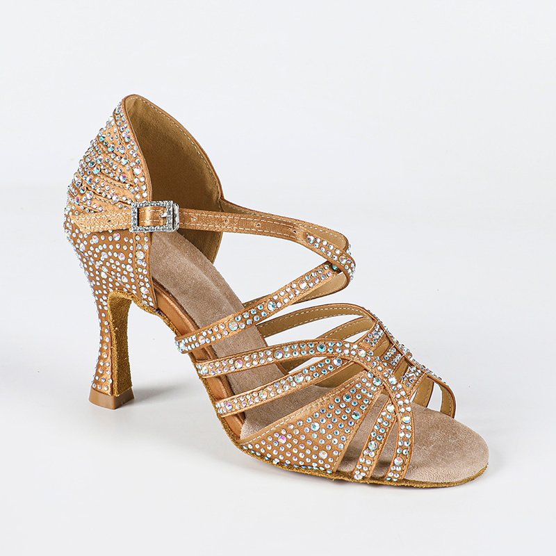 DS Women's Bronze Satin Strappy Rhinestone Customized Heel Ballroom Dance Shoes
